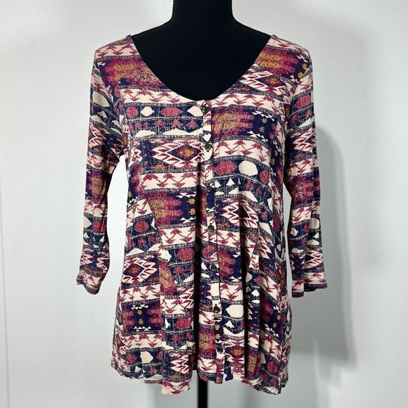 Lucky Brand 3/4 Sleeve Button Up Flowy Hem Top Sz S - Picture 3 of 15